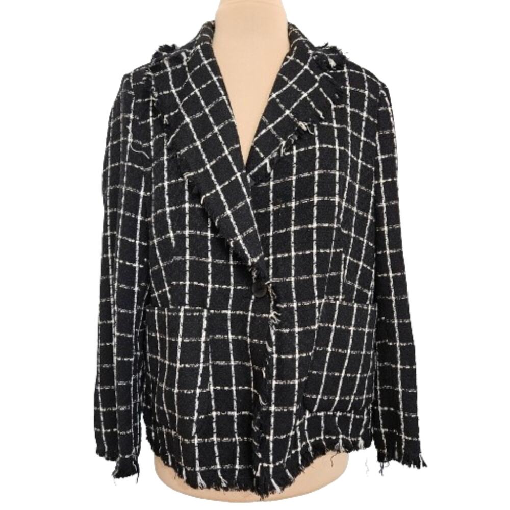 Silkland Blazer Womens Silk Black White‎ Windowpane Pockets Corpcore Jacket 1X